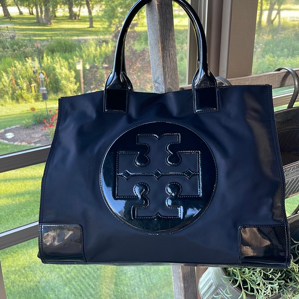 Tory Burch Large Nylon Black Patent Ella Tote